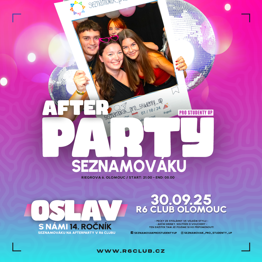 Skupina studentů na afterparty Seznamováku držící rám s logem akce – Afterparty Seznamováku 30.09.2025, R6 Club Olomouc.