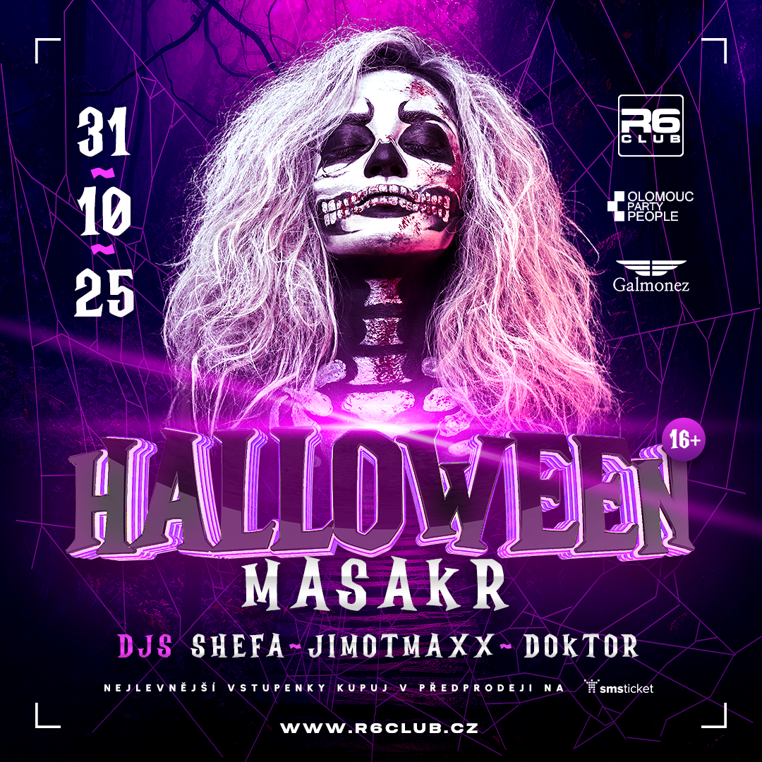Žena v halloweenském make-upu lebky s růžovými vlasy, fialové osvětlení a nápis Halloween Masakr – R6 Club Olomouc 2025.